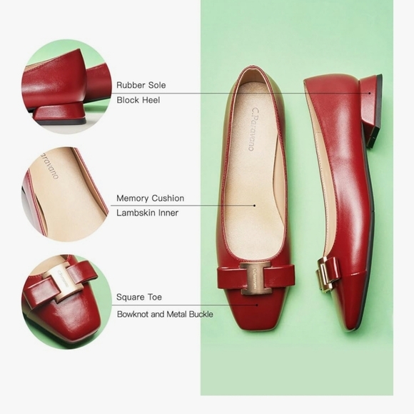 C. Paravano Elegant Red Low Heels with Leather Finish and Bow - Picture 14 of 15